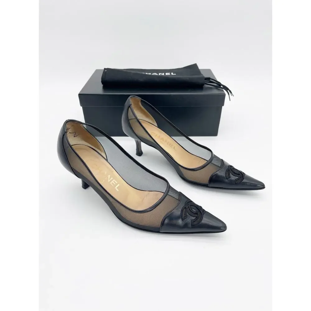 Chanel Vintage Black Mesh Leather CC Cap Toe Pointed Toe Pumps Heels EU 36